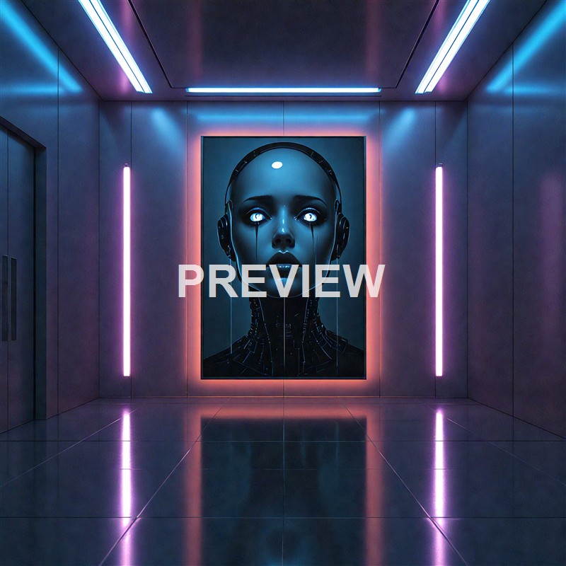 A futuristic digital art piece depicting a humanoid robot or AI with a human face, glowing eyes, and a circuit-like neck, displayed on a large screen in a neon-lit room.